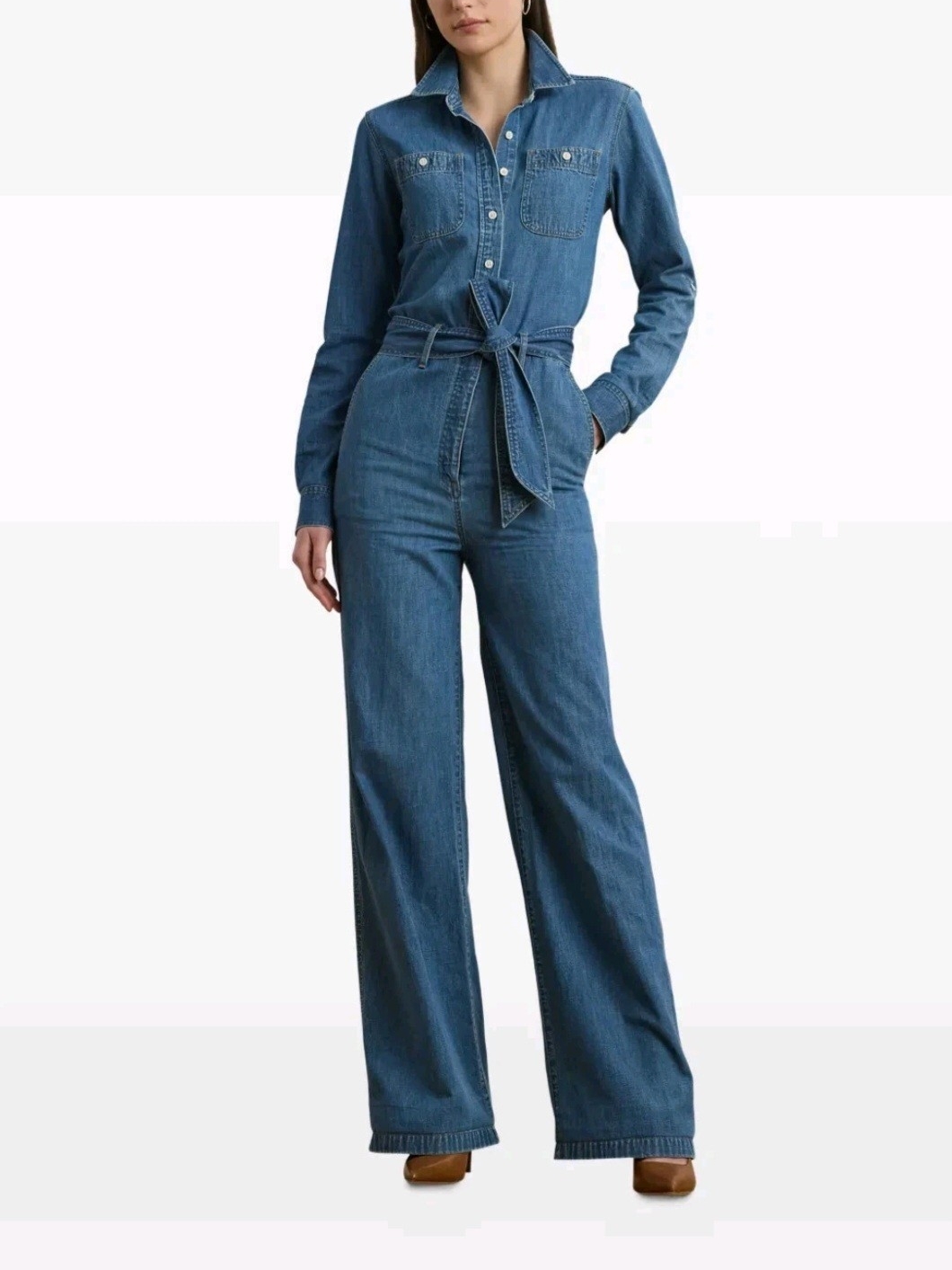 Ralph Lauren Belted Denim City Blue Wash Jumpsuit Size 10 Nwt